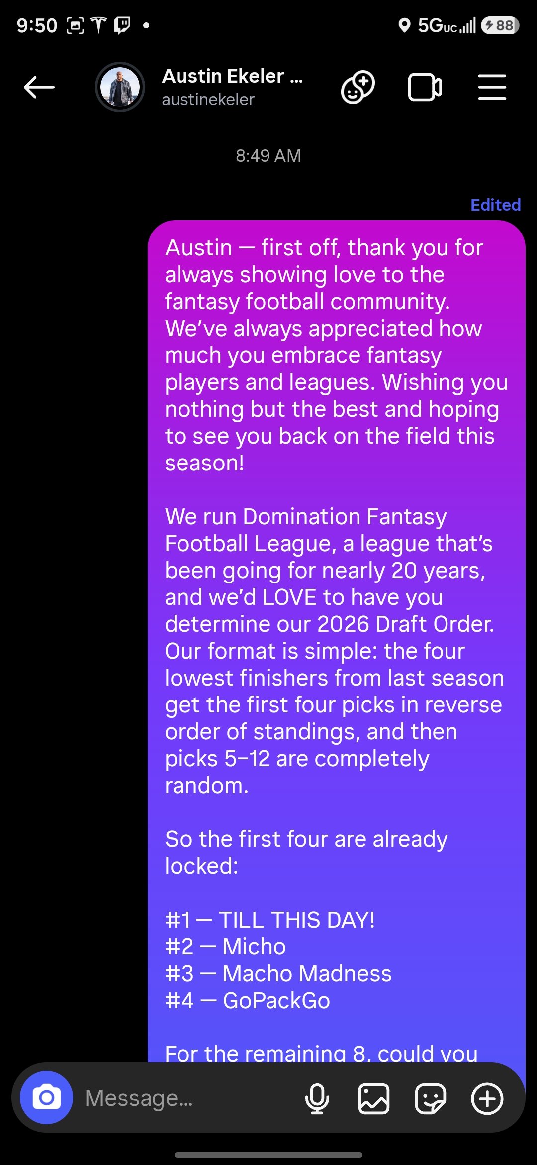 Domination Fantasy Football League asks Austin Ekeler to determine the 2026 draft order